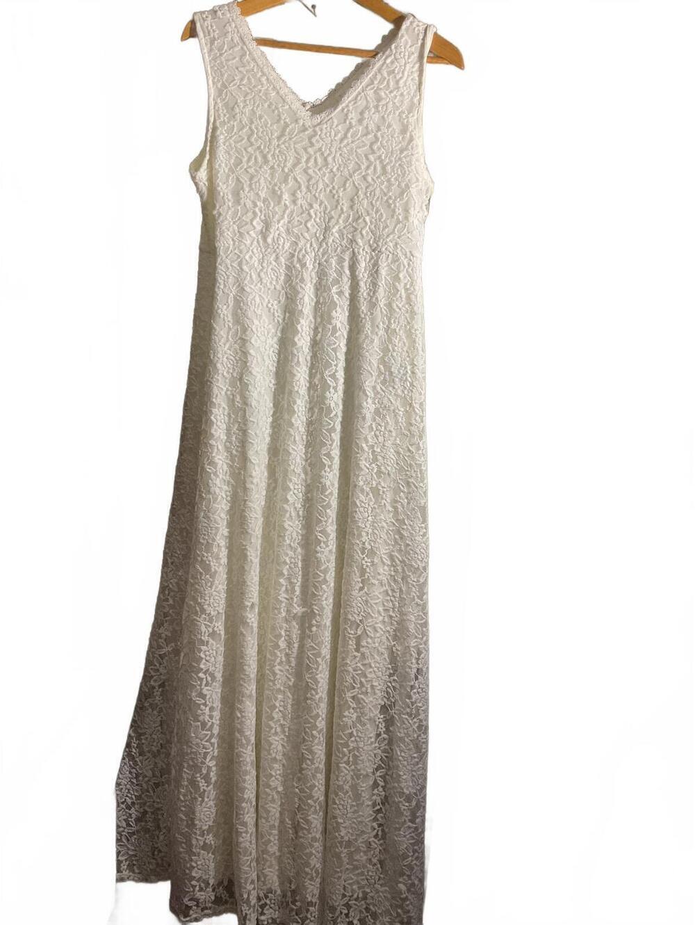 Pink Blush Elegant White Lace Maxi Dress /V-Neck Large Wedding Special Occasion